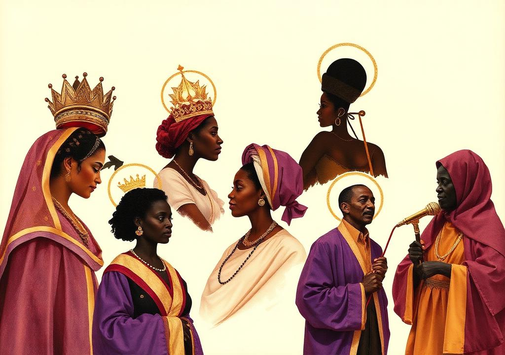 Editorial portraits of dignified figures of color: a queen, an elder, a dancer, a griot, and a child dreaming.